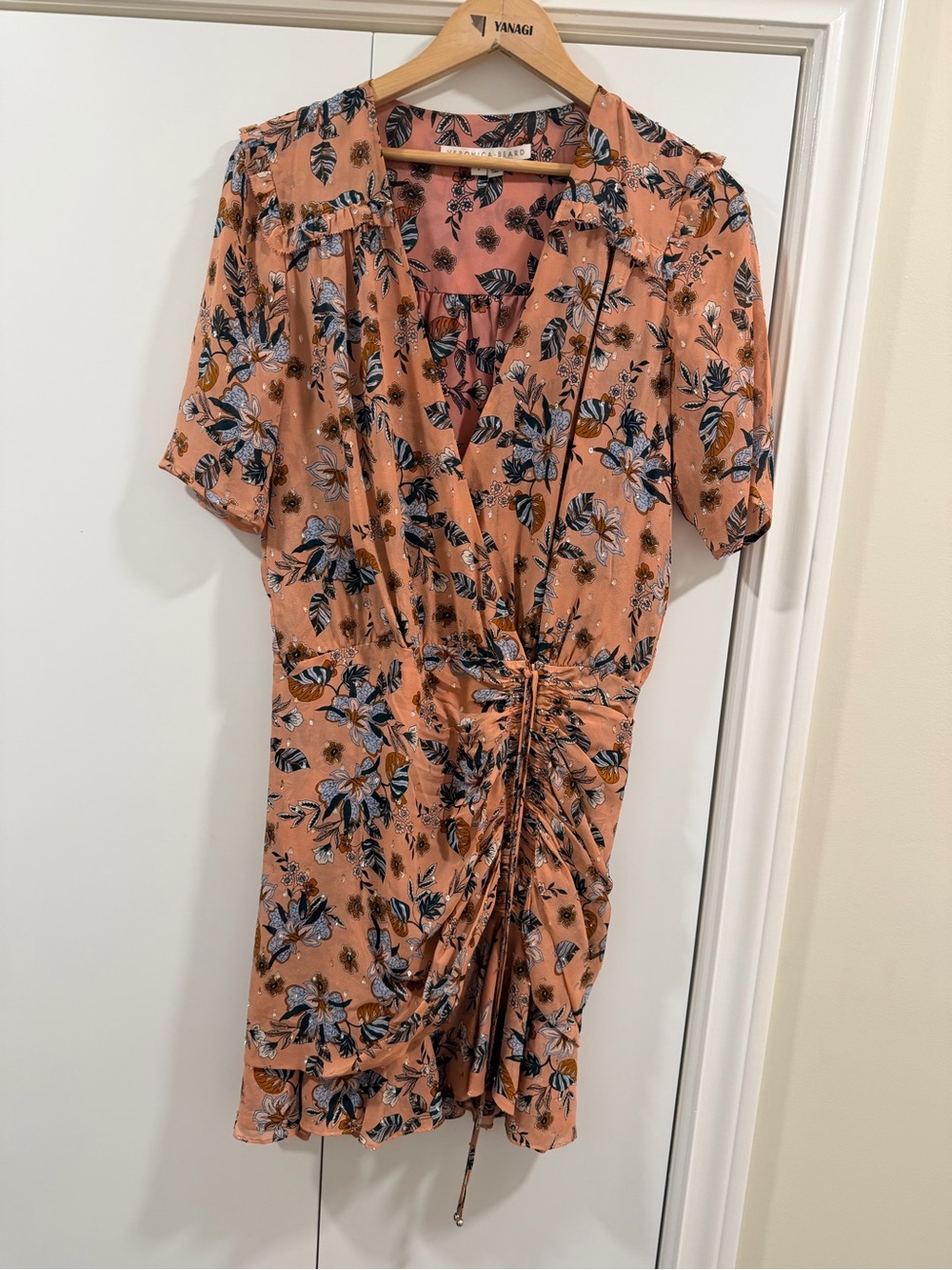 Veronica Beard Peach Floral Ruched Wrap Mini Dress